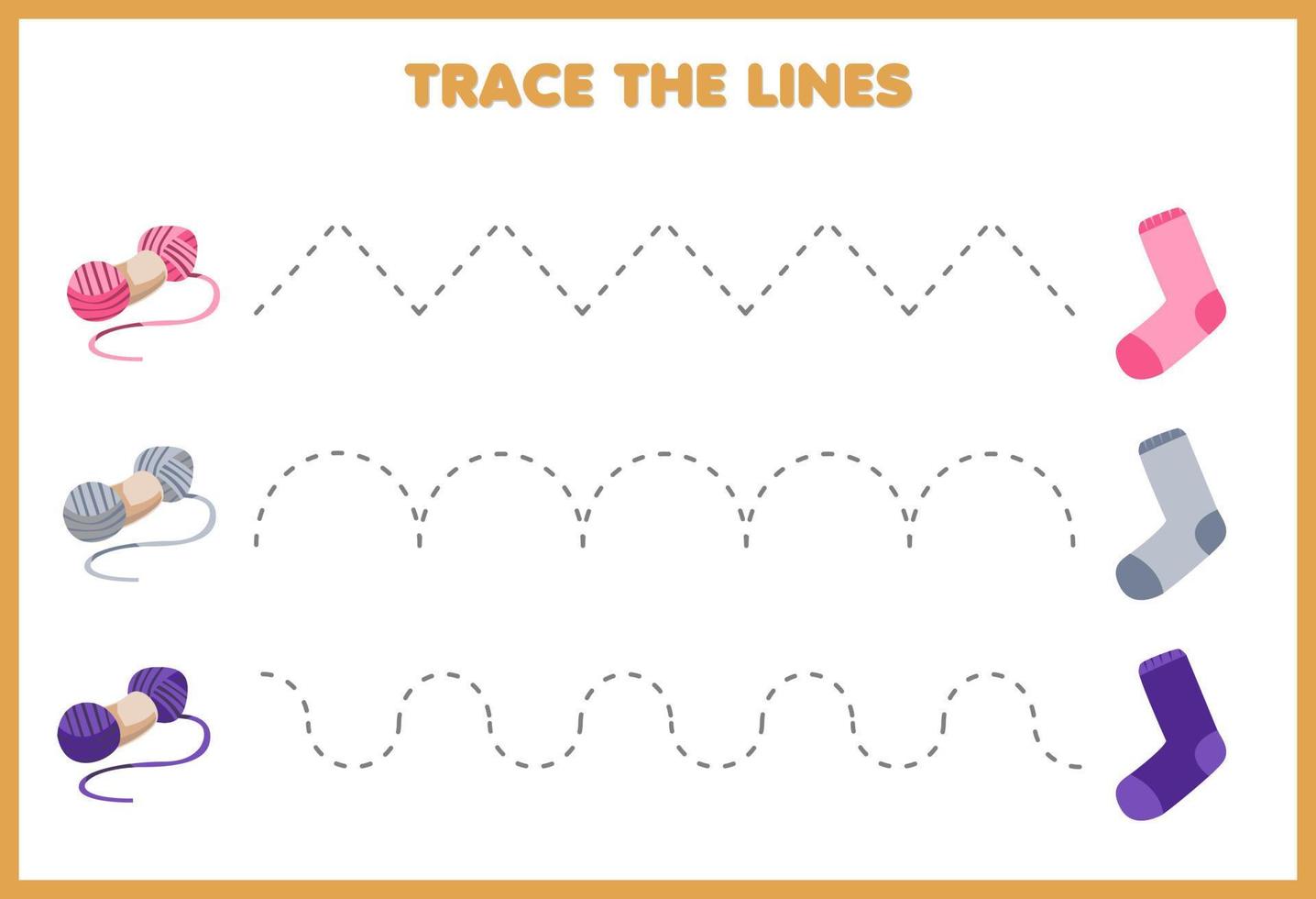 jogo de educação para crianças prática de caligrafia traçar as linhas tricotar roupas usáveis meias formar fios vetor