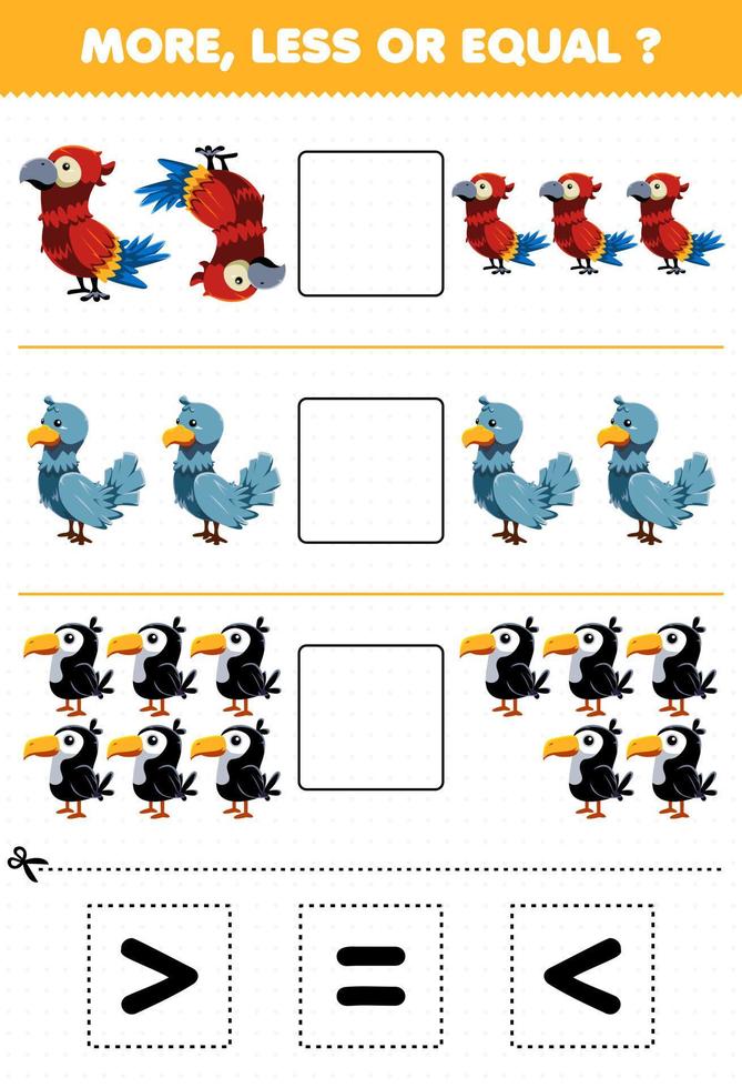 jogo de educação para crianças mais menor ou igual conte a quantidade de desenho animado pássaro animal papagaio pomba tucano então corte e cole corte o sinal correto vetor