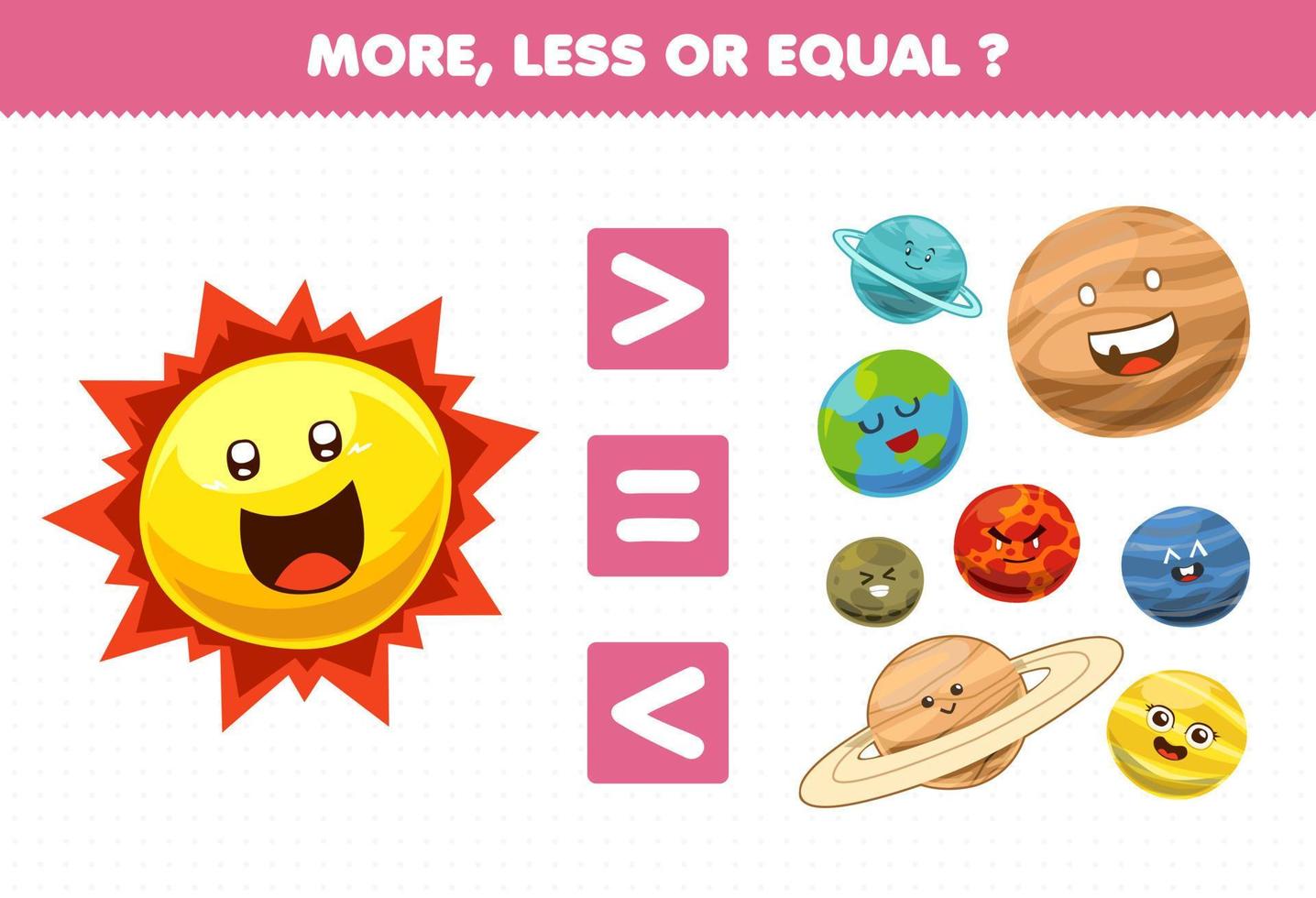 jogo de educação para crianças mais menos ou igual conte a quantidade de desenho animado bonito sistema solar planeta sol mercúrio venus terra marte júpiter saturno urano netuno vetor