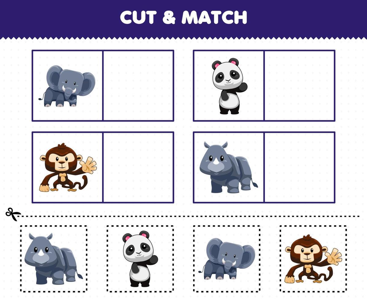 jogo de educação para crianças cortar e combinar a mesma imagem de folha de cálculo imprimível de elefante de selva de desenho animado bonito elefante panda macaco rinoceronte vetor