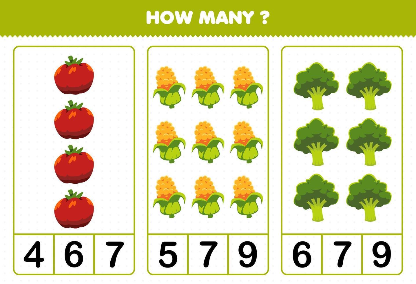 jogo de educação para crianças contando quantos vegetais dos desenhos animados tomate milho brócolis vetor