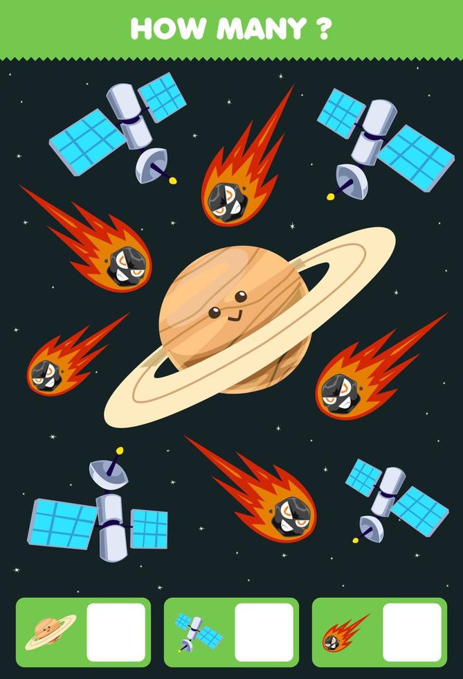 jogo de educação para crianças procurando e contando quantos objetos bonito dos desenhos animados do sistema solar planeta saturno cometa satélite vetor