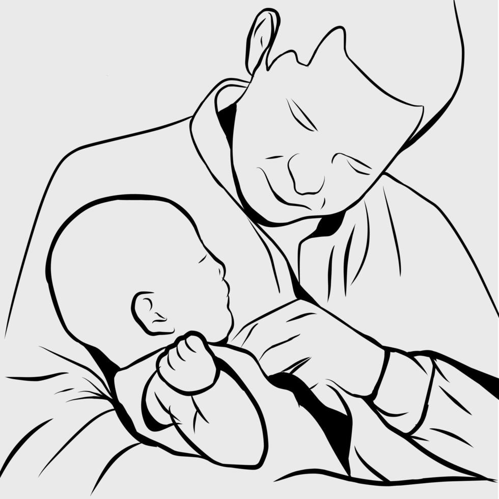 arte de linha de um pai carregando seu bebê. vetor