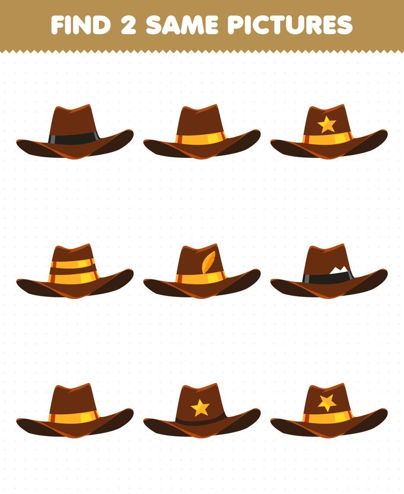 jogo de educação para crianças encontrar duas mesmas fotos roupas usáveis de desenhos animados chapéu de cowboy vetor
