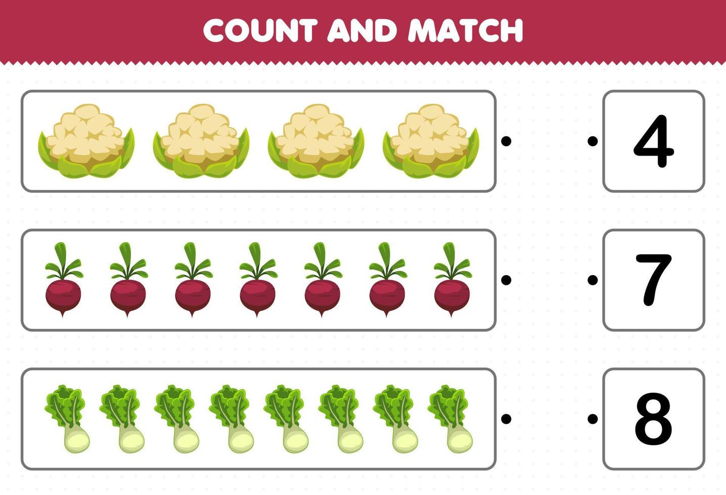 jogo educativo para crianças contar e combinar contar o número de vegetais dos desenhos animados couve-flor beterraba alface e combinar com os números certos planilha imprimível vetor