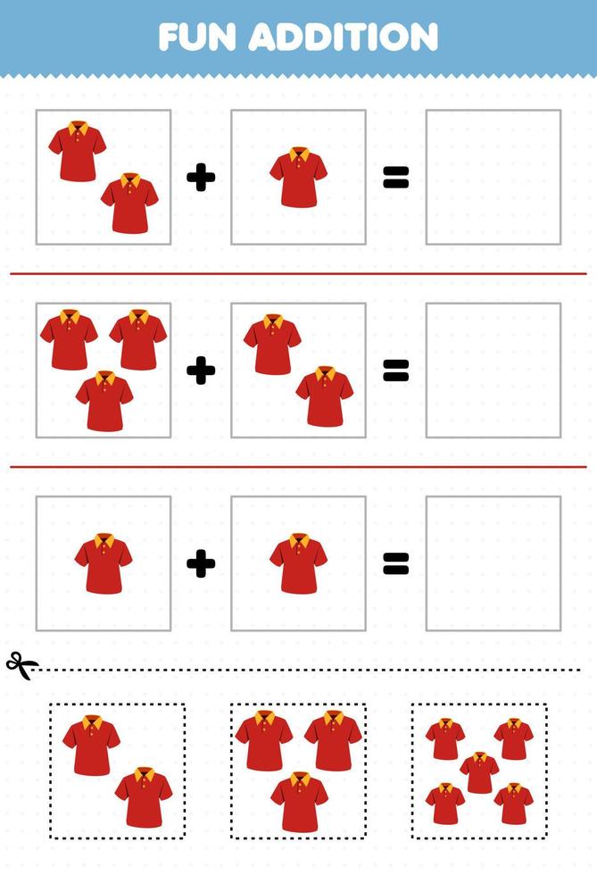 jogo educacional para crianças adição divertida por cortar e combinar roupas usáveis de desenhos animados bonitos planilha de fotos de camisa polo vetor