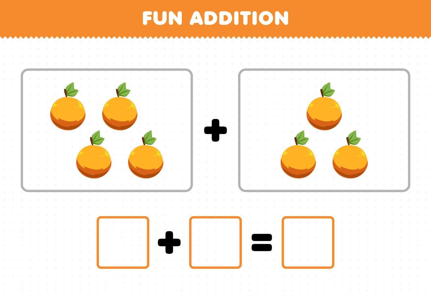 jogo de educação para adição divertida para crianças contando a planilha de fotos de laranja de frutas dos desenhos animados vetor