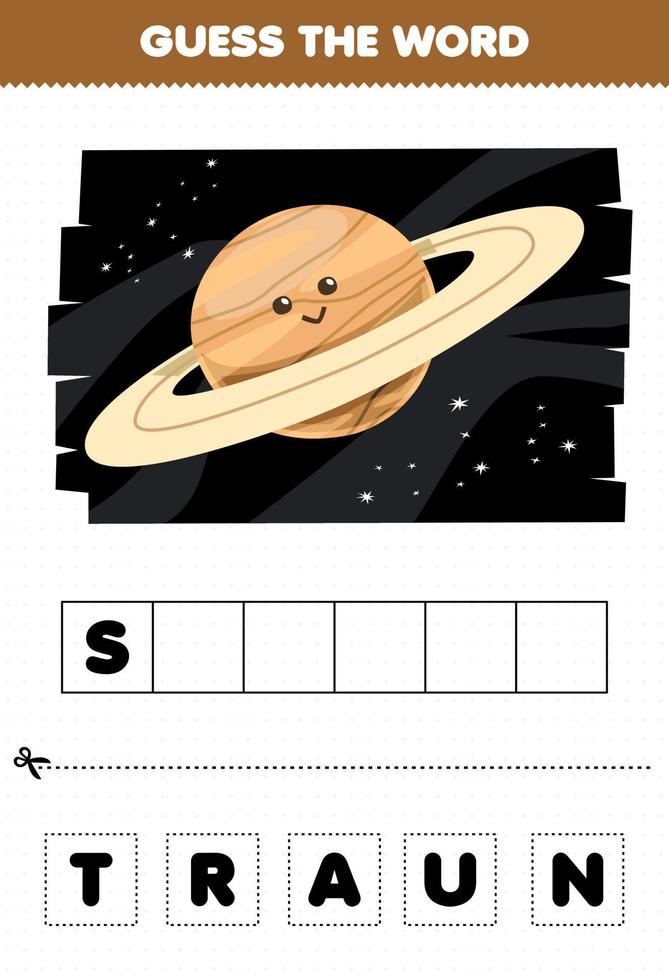 jogo de educação para crianças adivinhar as letras da palavra praticando bonito desenho animado objeto do sistema solar planeta saturno vetor
