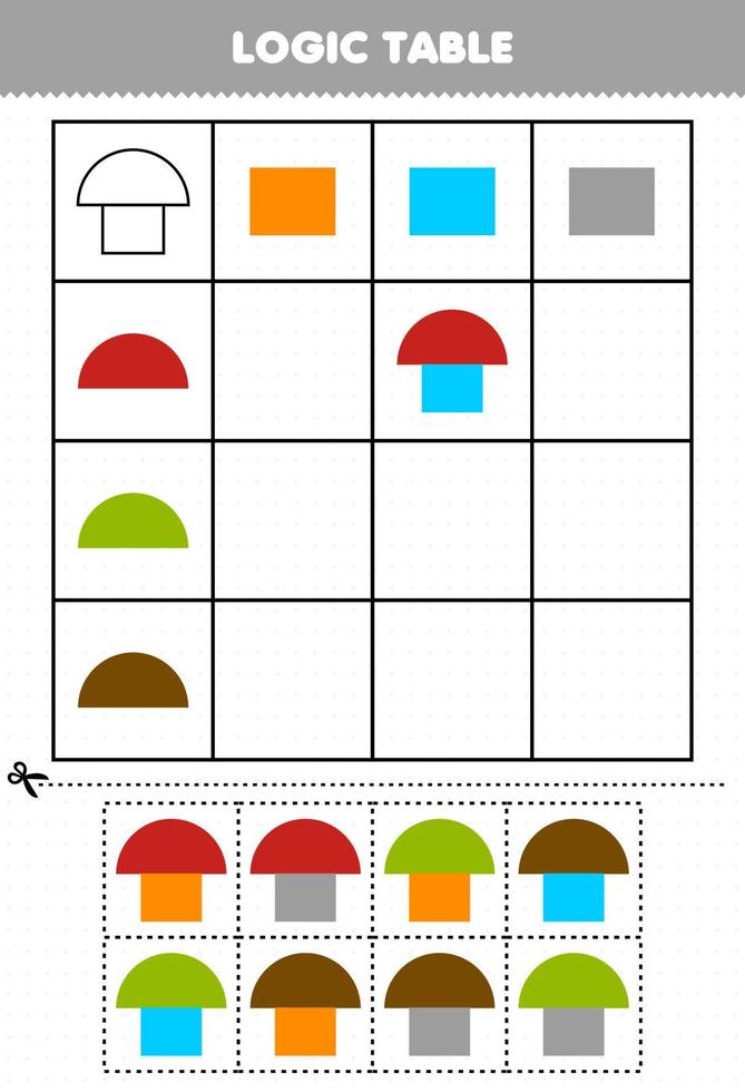jogo de educação para crianças tabela lógica forma geométrica retângulo e meio círculo planilha imprimível vetor