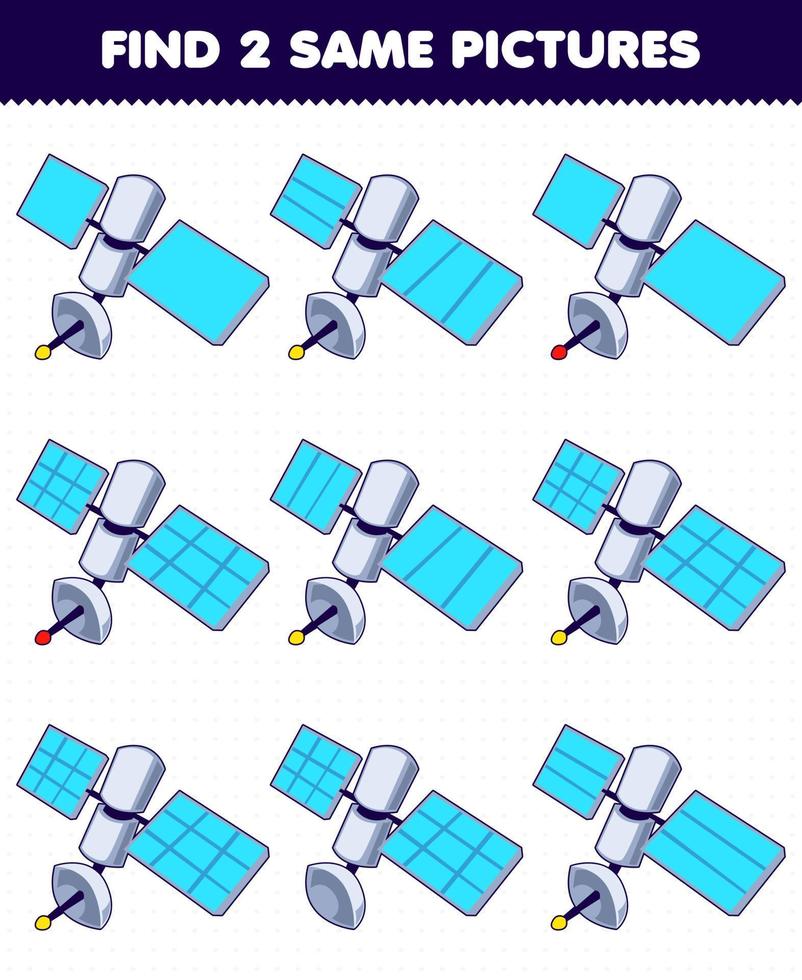 jogo de educação para crianças encontrar duas mesmas fotos satélite de sistema solar bonito dos desenhos animados vetor