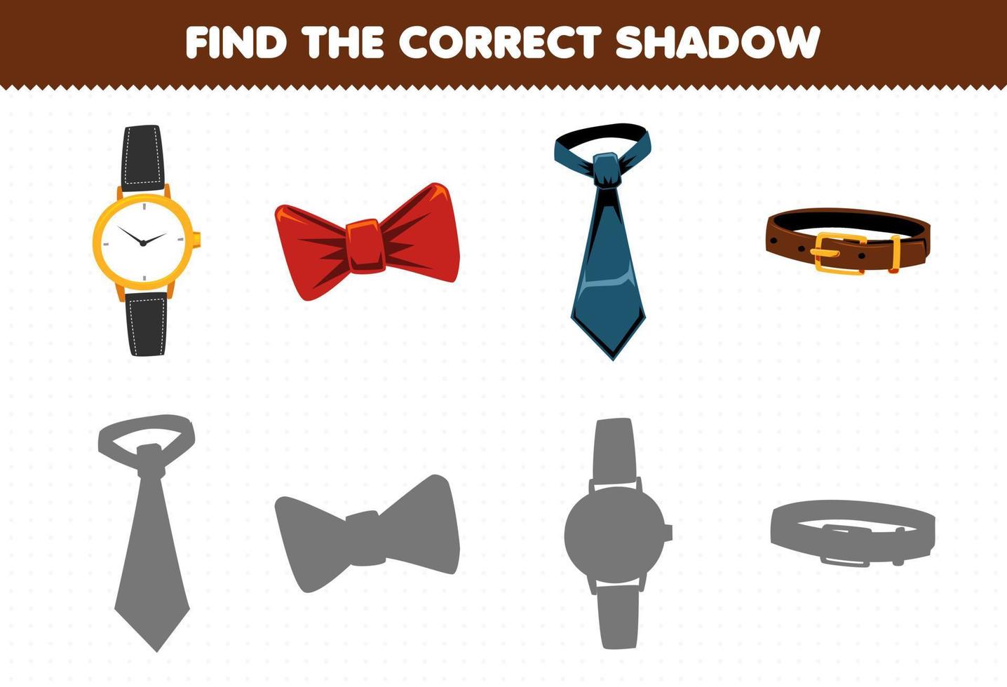 jogo de educação para crianças encontrar o conjunto de sombra correto de roupas vestíveis de desenho animado relógio cinto de gravata vetor