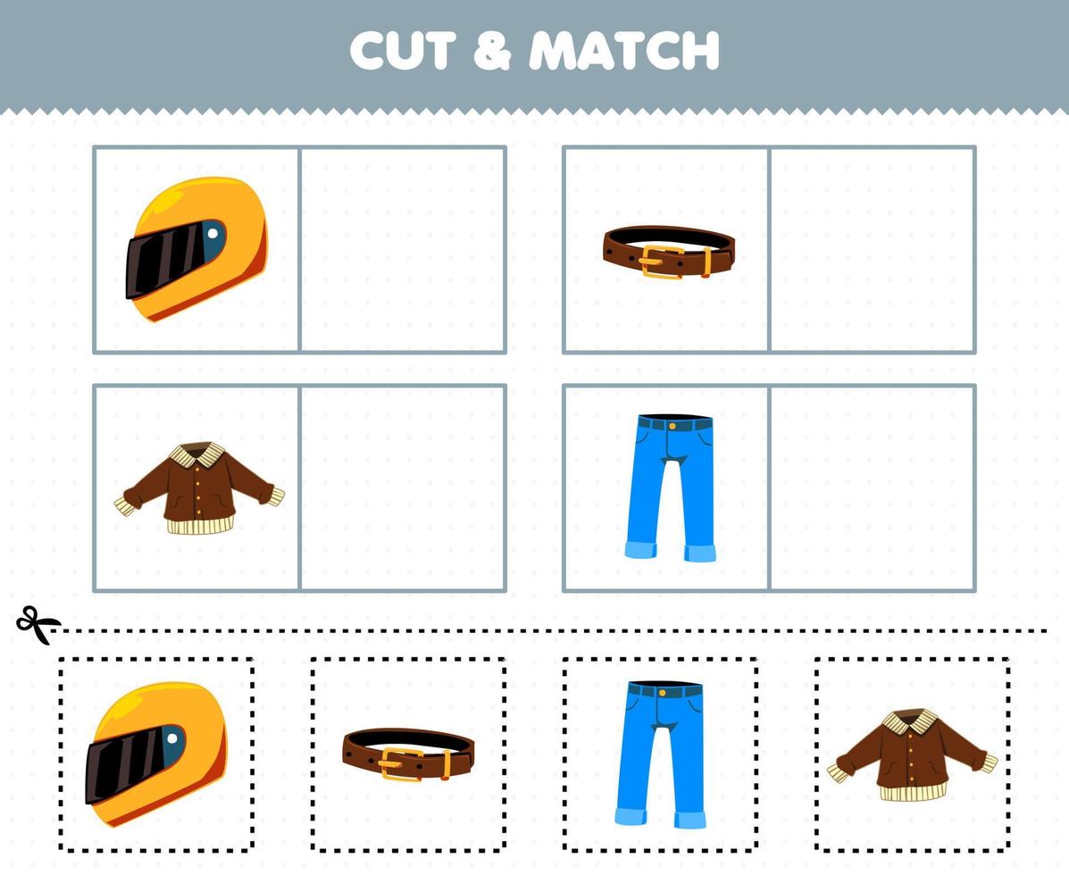 jogo de educação para crianças cortar e combinar a mesma imagem de roupas vestíveis de desenho animado capacete jaqueta jeans vetor