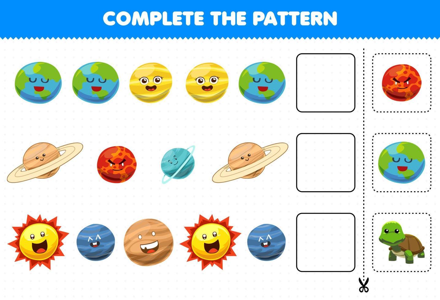 jogo de educação para crianças complete o padrão de pensamento lógico encontre a regularidade e continue a tarefa de linha com bonito desenho animado sistema solar terra saturno marte urano netuno planeta sol vetor