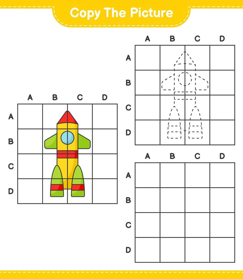 copie a imagem, copie a imagem do foguete usando linhas de grade. jogo educativo para crianças, planilha para impressão, ilustração vetorial vetor