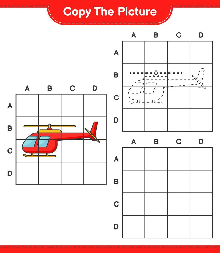 copie a imagem, copie a imagem do helicóptero usando linhas de grade. jogo educativo para crianças, planilha para impressão, ilustração vetorial vetor