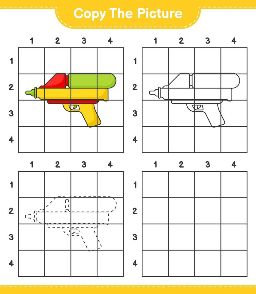 copie a imagem, copie a imagem da pistola de água usando linhas de grade. jogo educativo para crianças, planilha para impressão, ilustração vetorial vetor