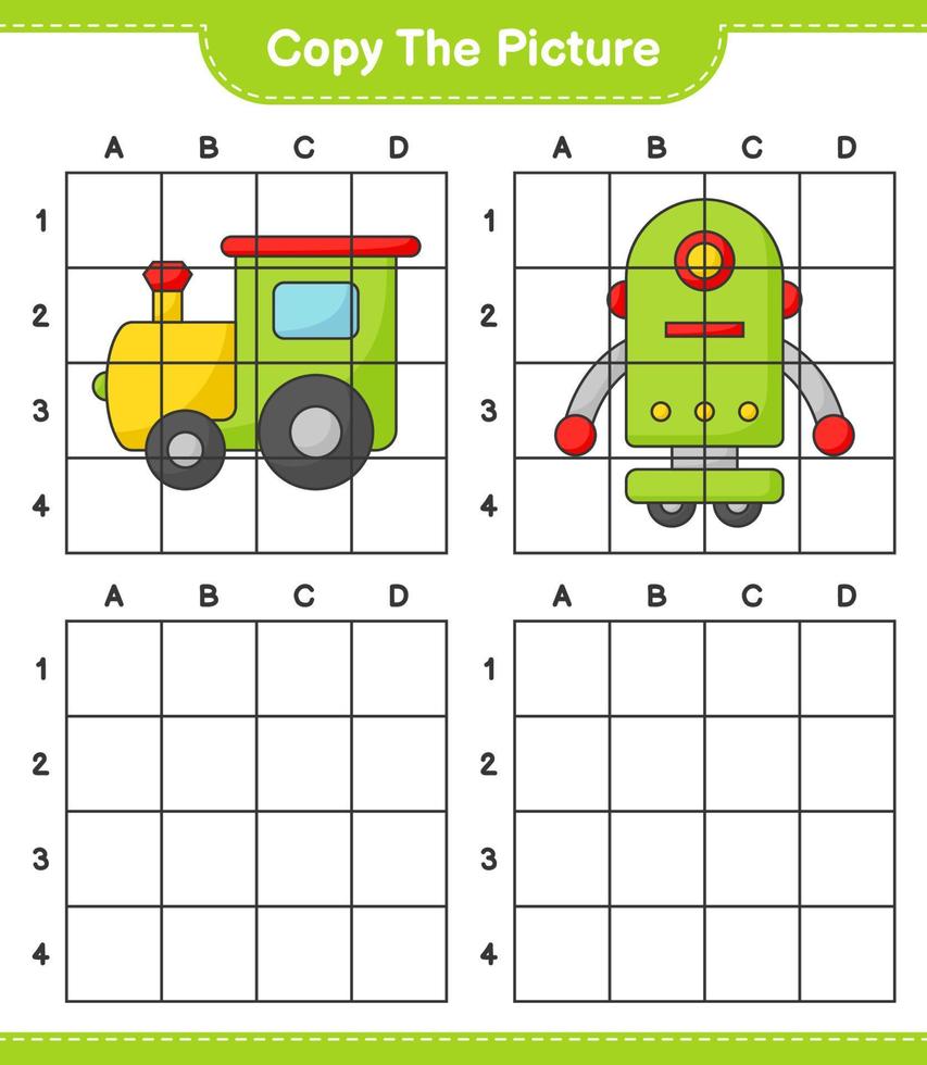 copie a imagem, copie a imagem do personagem de trem e robô usando linhas de grade. jogo educativo para crianças, planilha para impressão, ilustração vetorial vetor