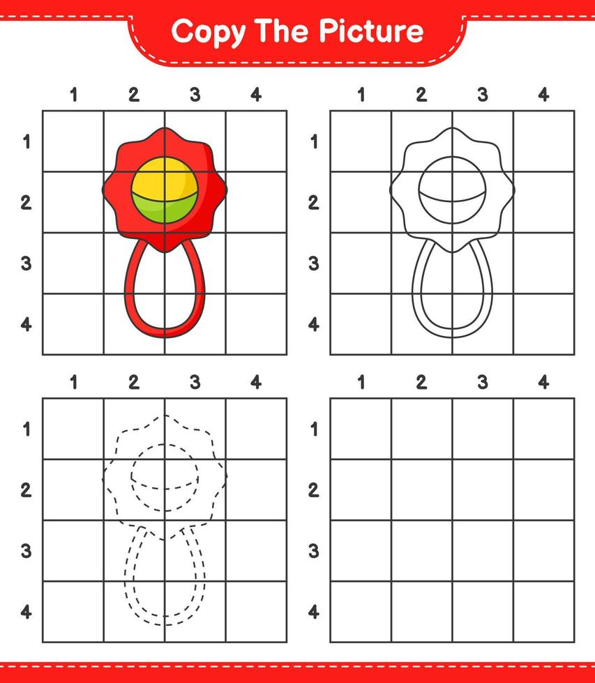 copie a imagem, copie a imagem do chocalho do bebê usando linhas de grade. jogo educativo para crianças, planilha para impressão, ilustração vetorial vetor