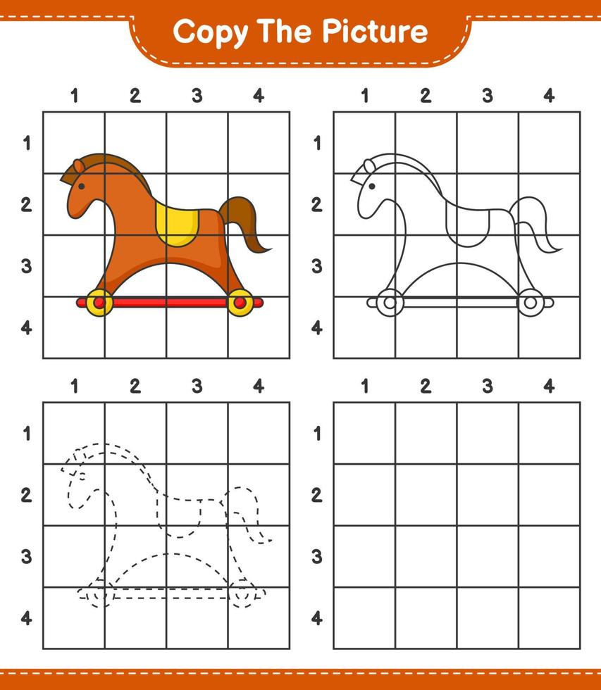 copie a imagem, copie a imagem do cavalo de balanço usando linhas de grade. jogo educativo para crianças, planilha para impressão, ilustração vetorial vetor