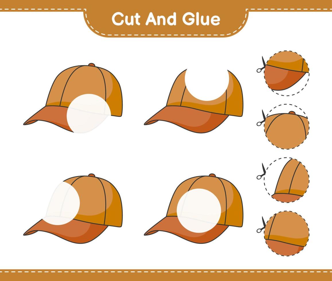 corte e cole, corte partes do boné e cole-as. jogo educativo para crianças, planilha para impressão, ilustração vetorial vetor