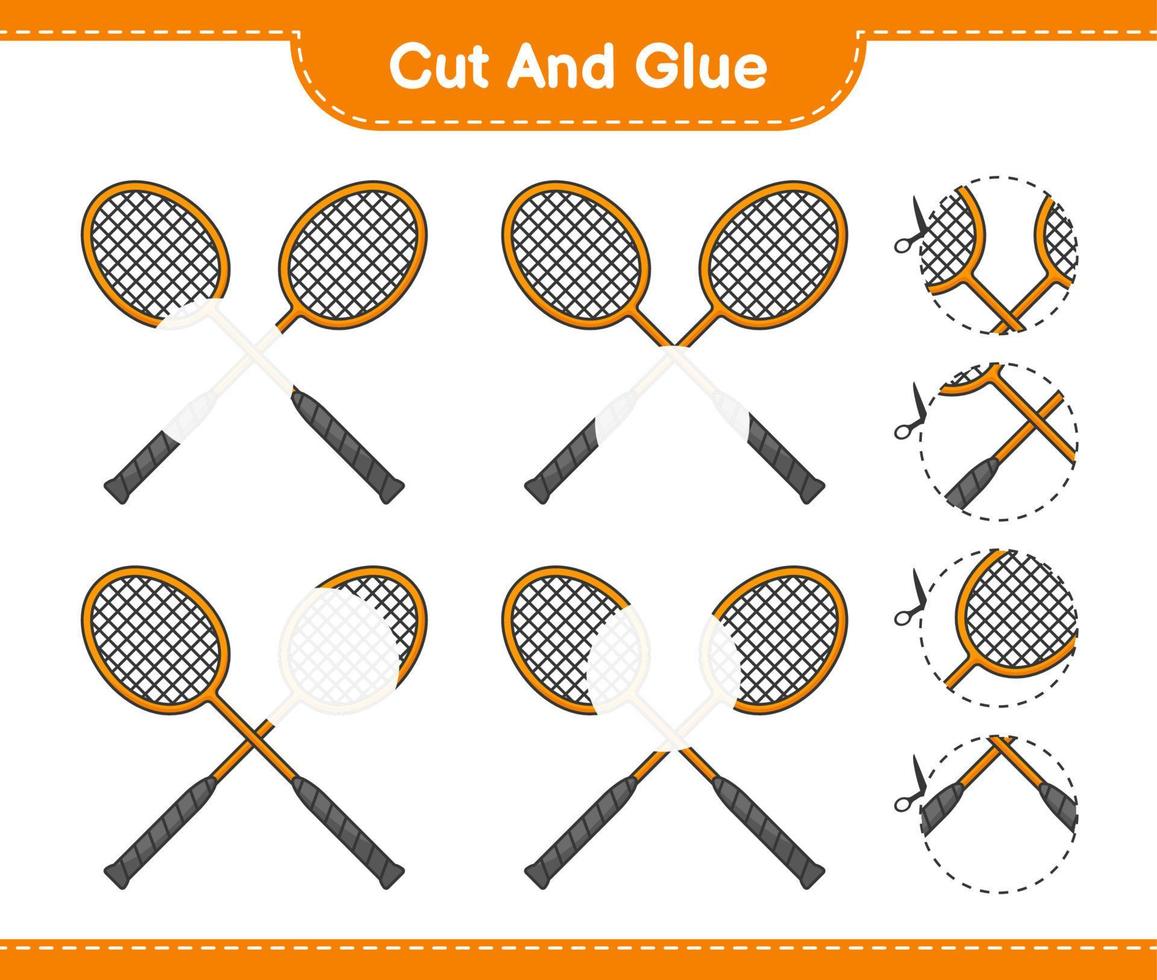 corte e cole, corte partes de raquetes de badminton e cole-as. jogo educativo para crianças, planilha para impressão, ilustração vetorial vetor