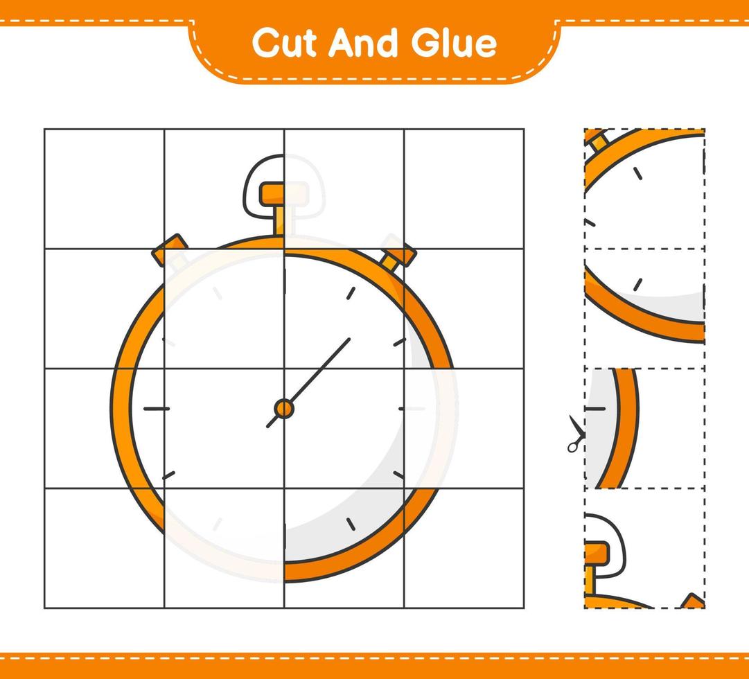 corte e cole, corte partes do cronômetro e cole-as. jogo educativo para crianças, planilha para impressão, ilustração vetorial vetor