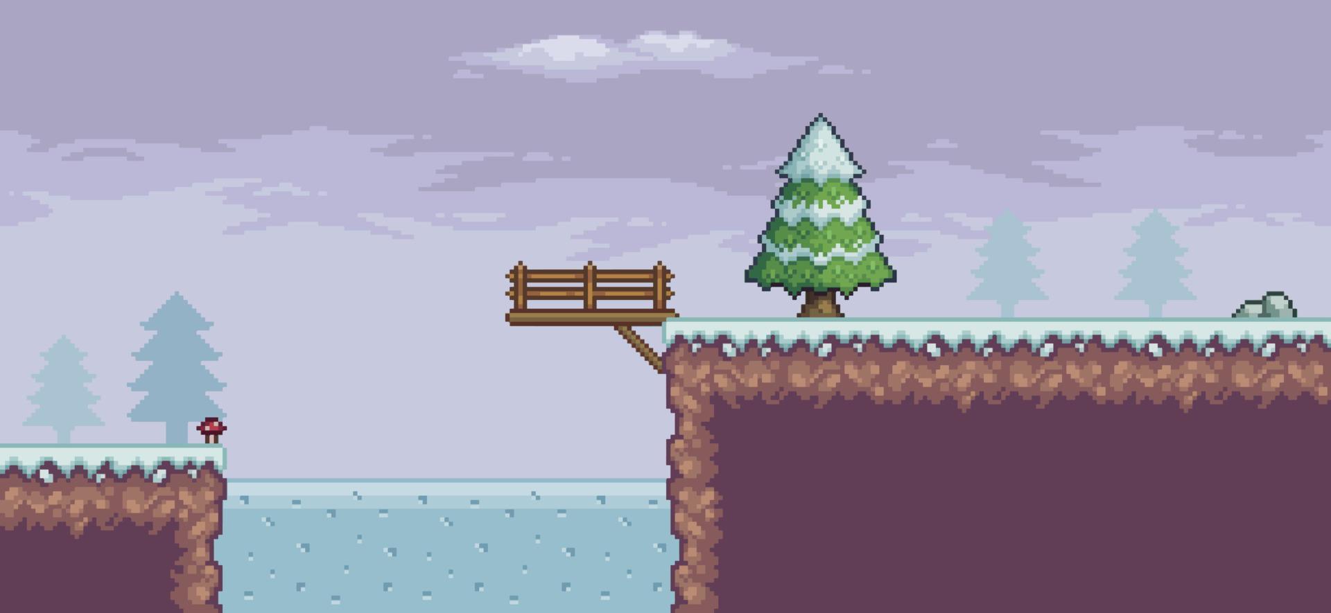 cena de jogo de pixel art na neve com pinheiros, ponte, deck e nuvens de fundo vetorial de 8 bits vetor