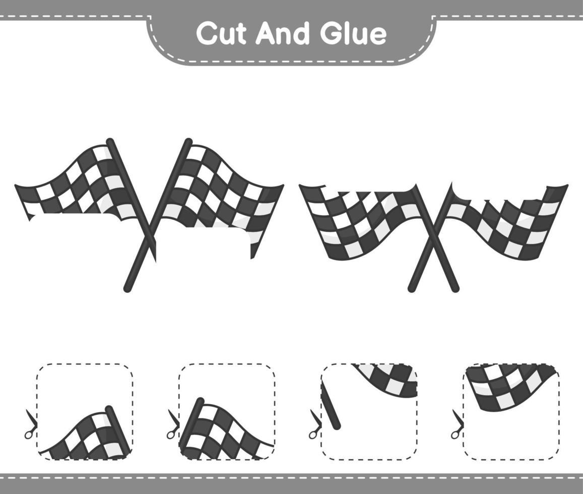 corte e cole, corte partes de bandeiras de corrida e cole-as. jogo educativo para crianças, planilha para impressão, ilustração vetorial vetor