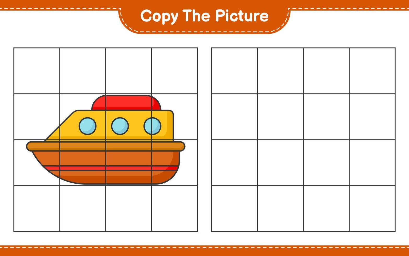 copie a imagem, copie a imagem do barco usando linhas de grade. jogo educativo para crianças, planilha para impressão, ilustração vetorial vetor