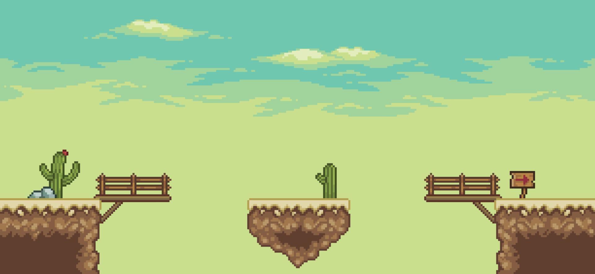 cena do jogo do deserto de pixel art com cactos, ponte, fundo de paisagem de 8 bits de ilha flutuante vetor