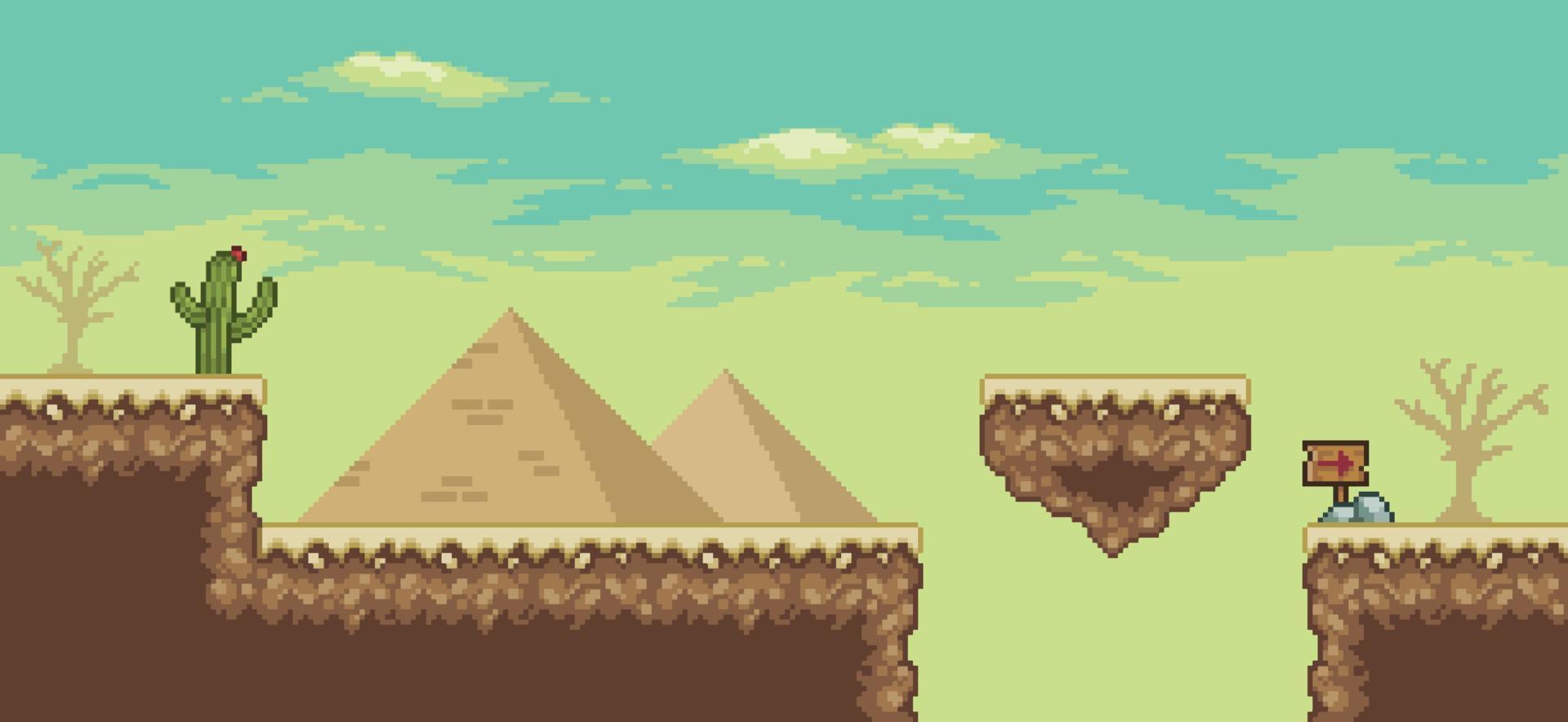 cena do jogo do deserto de pixel art com pirâmide, ilha flutuante, palmeira, cactos, placa de direção fundo de 8 bits vetor
