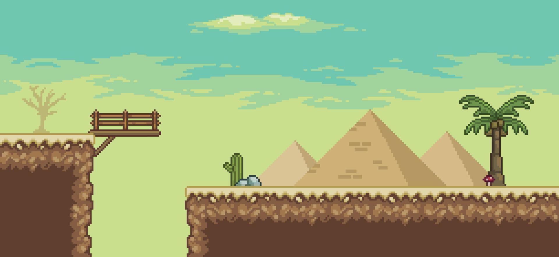 cena do jogo do deserto de pixel art com, pirâmide, ponte, palmeira, cactos, placa de direção fundo de 8 bits vetor
