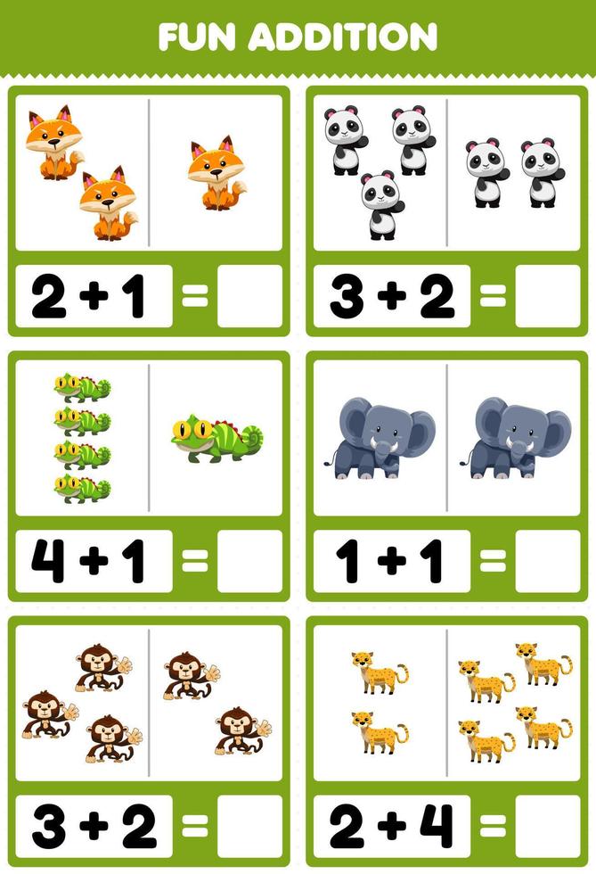 jogo de educação para crianças adição divertida contando e somando bonito animal da selva dos desenhos animados raposa panda iguana elefante macaco planilha de imagens de chita vetor