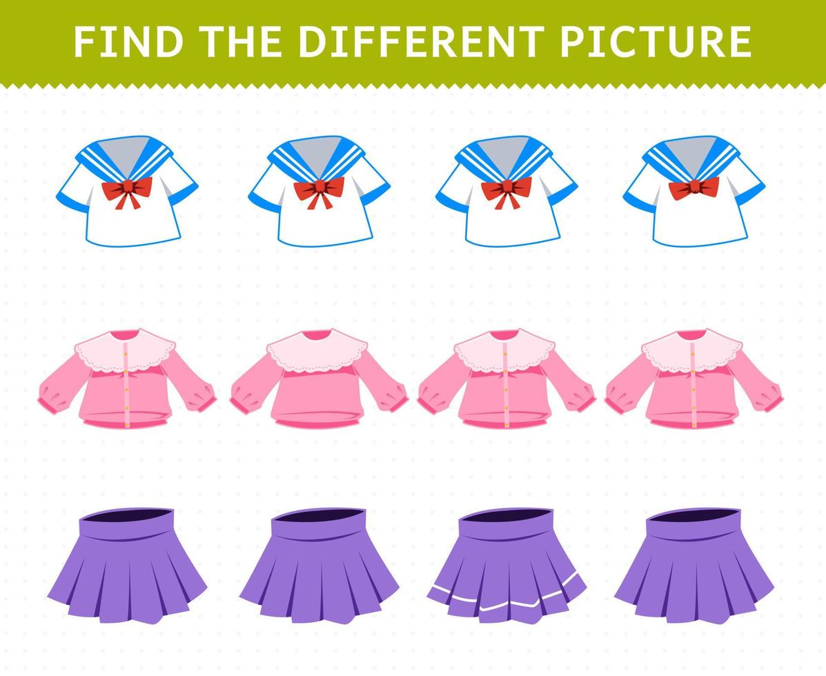 jogo de educação para crianças, encontre a imagem diferente em cada linha, roupas usáveis dos desenhos animados, blusa uniforme, saia vetor