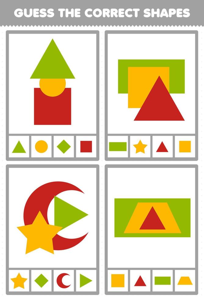 jogo de educação para crianças adivinhar as formas corretas planilha para impressão de quiz geométrico vetor