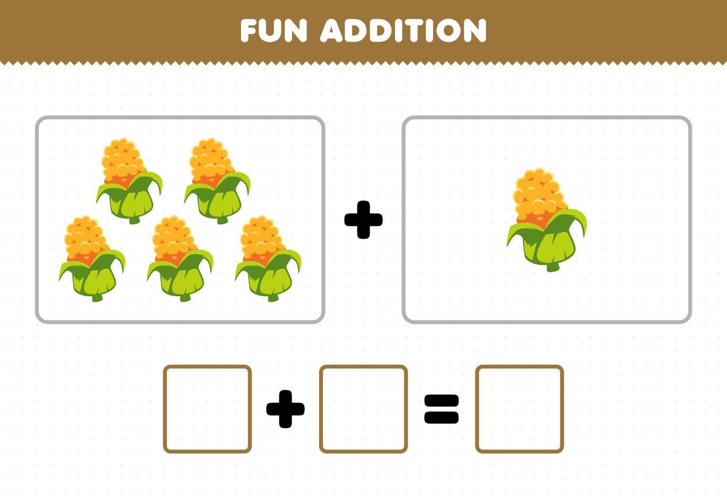 jogo de educação para crianças adição divertida contando planilha de fotos de milho vegetal de desenho animado vetor