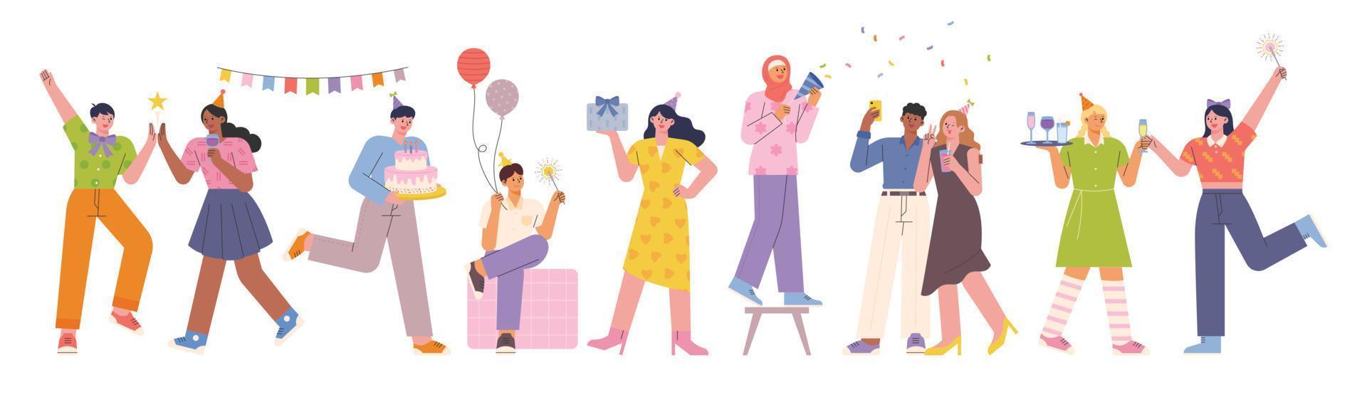 muitas pessoas estão se reunindo e fazendo uma festa de aniversário. ilustração em vetor estilo design plano.