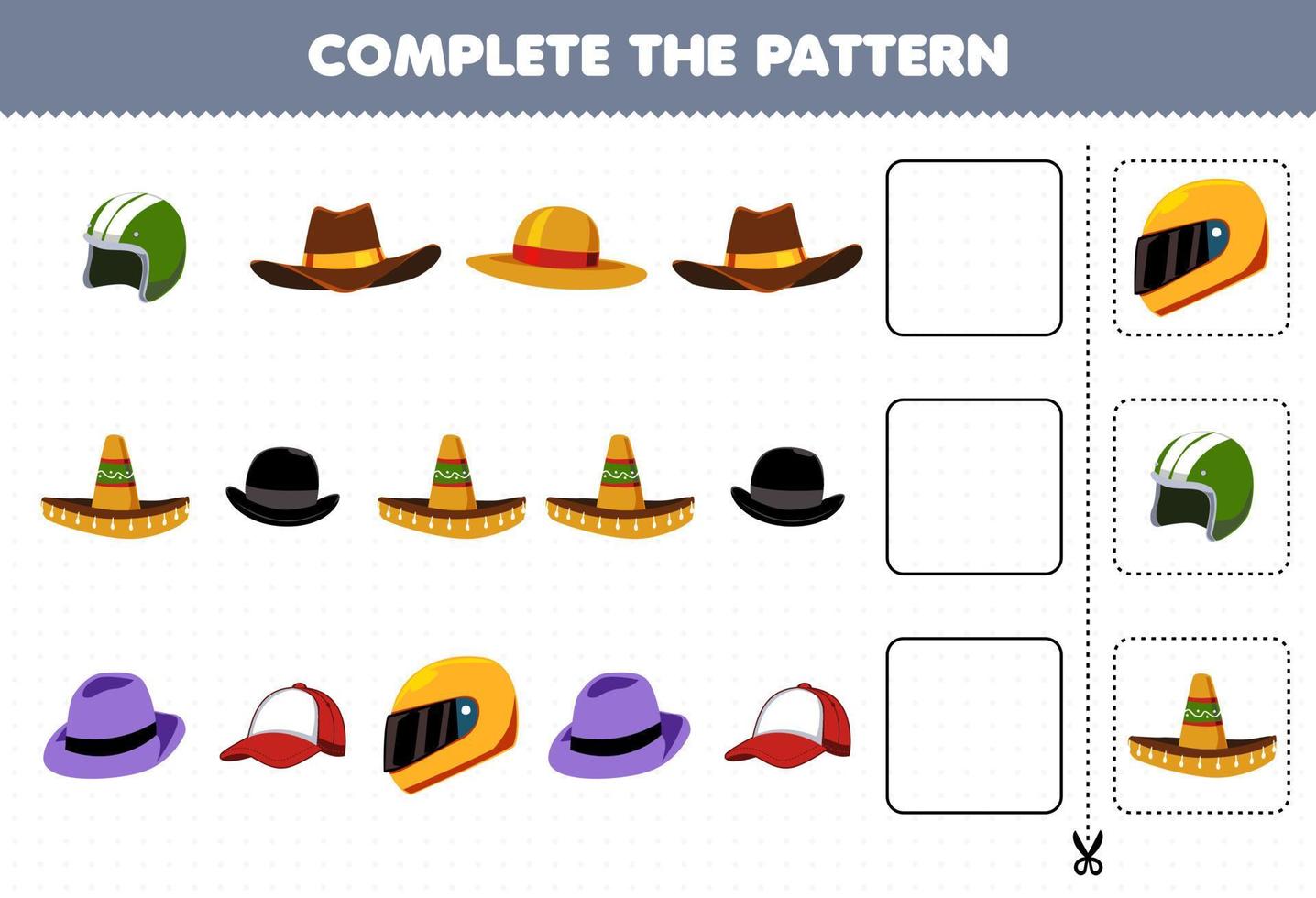 jogo de educação para crianças complete o padrão de pensamento lógico encontre a regularidade e continue a tarefa de linha com roupas usáveis de desenho animado elmo chapéu de cowboy chapéu de sombrero fedora vetor