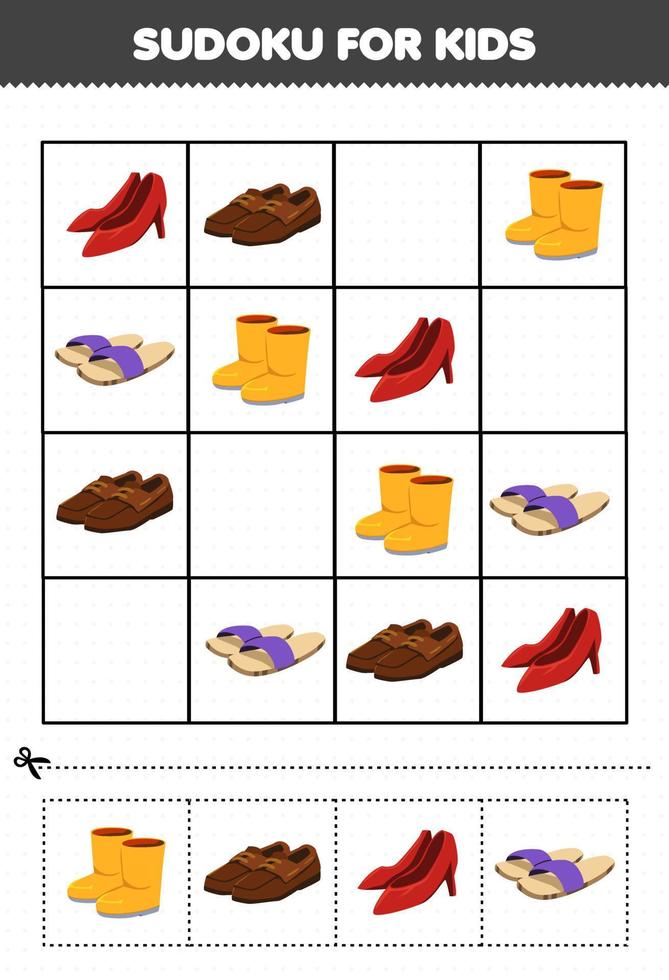 jogo de educação para crianças sudoku para crianças com roupas vestíveis de desenho animado sapatos de salto sapatos bota chinelo imagem vetor