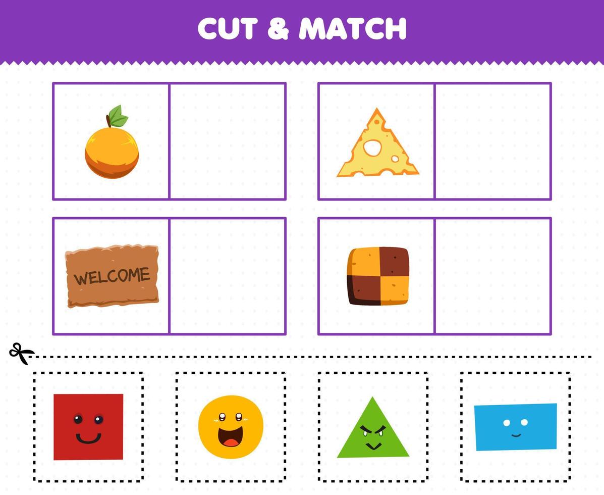 jogo de educação para crianças cortar e combinar a mesma imagem de forma de desenho bonito círculo triângulo laranja queijo retângulo tapete quadrado biscoito vetor