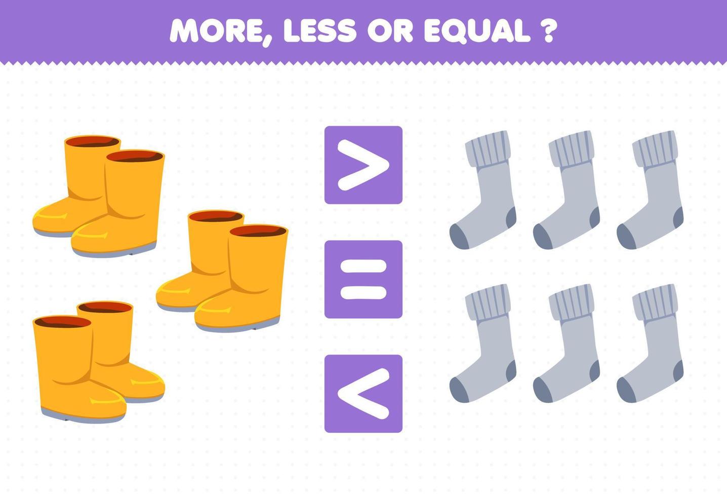 jogo de educação para crianças mais menos ou igual conte a quantidade de bota e meia de calçados vestíveis de desenho animado vetor