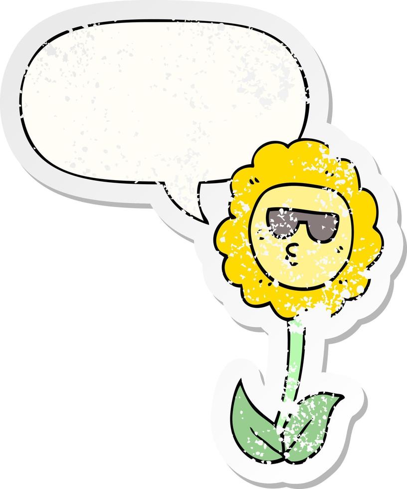 flor de desenho animado e adesivo angustiado de bolha de fala vetor