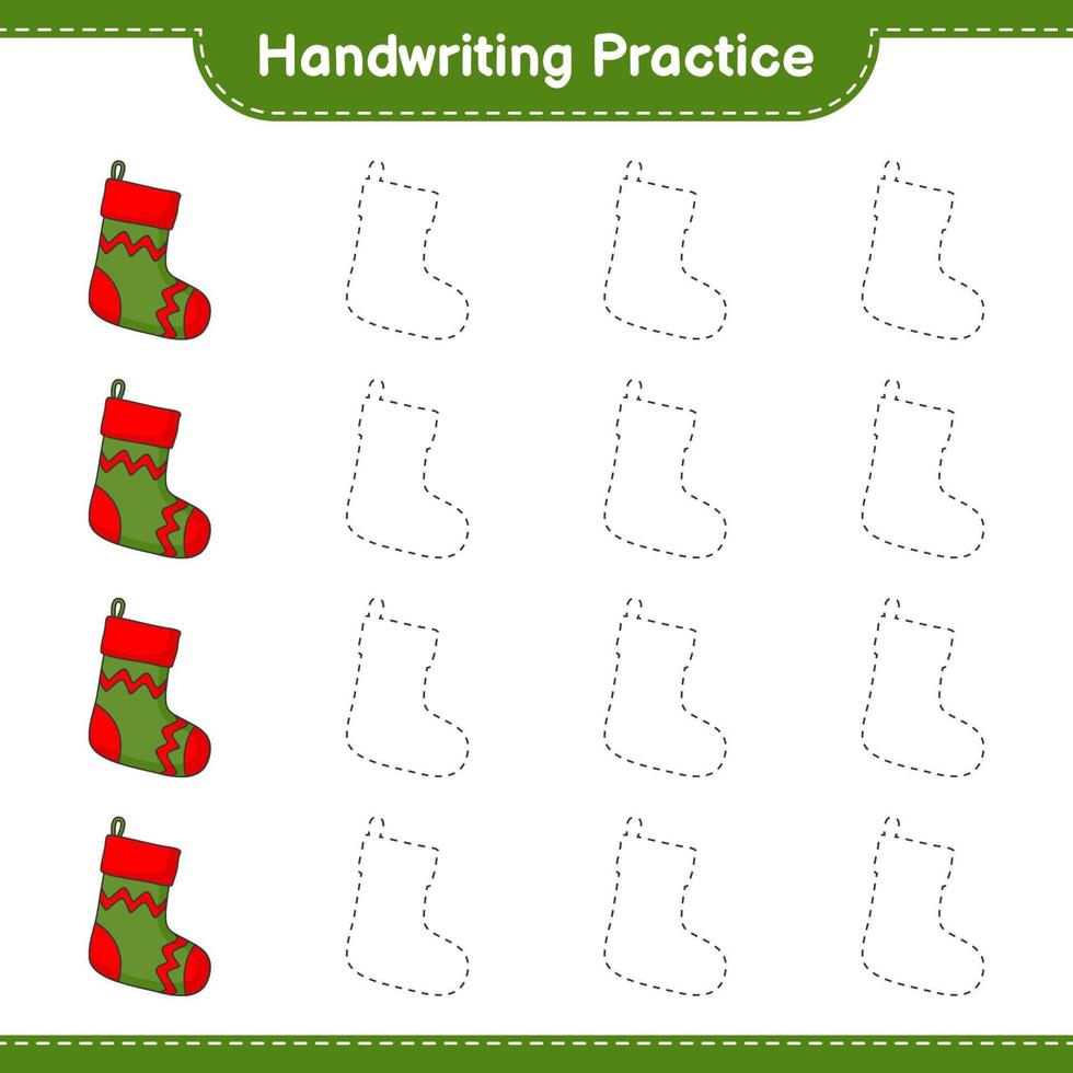 prática de caligrafia. traçando linhas de meia de natal. jogo educativo para crianças, planilha para impressão, ilustração vetorial vetor