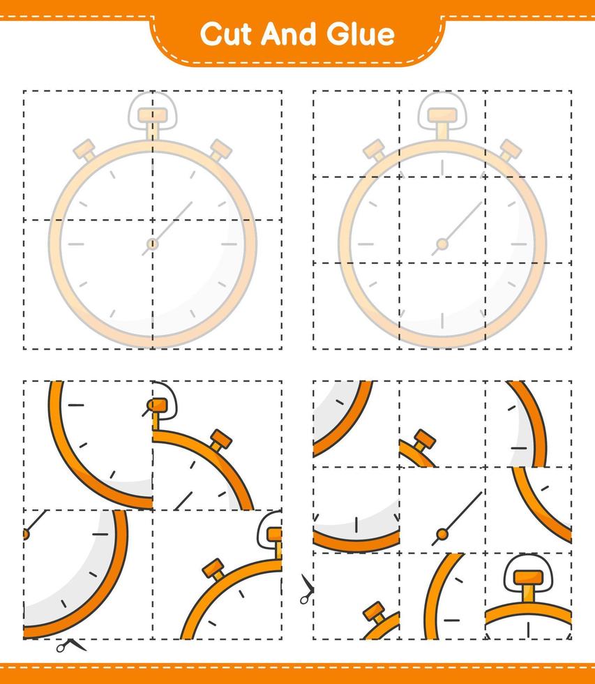 corte e cole, corte partes do cronômetro e cole-as. jogo educativo para crianças, planilha para impressão, ilustração vetorial vetor