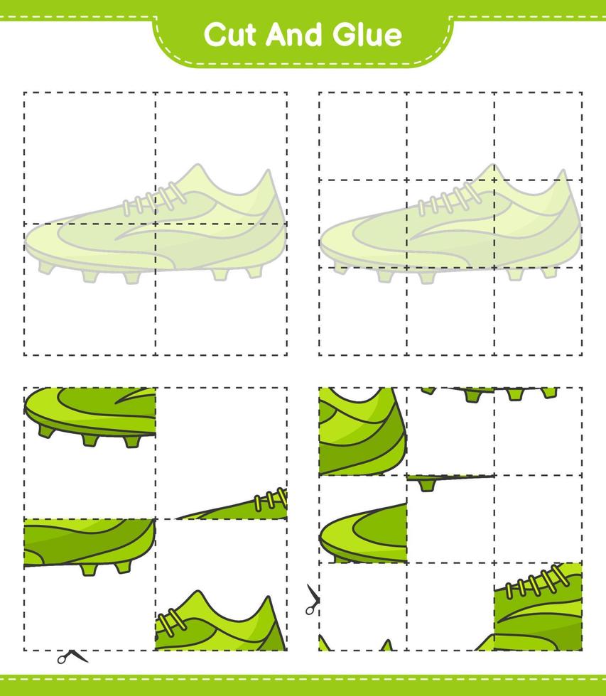 corte e cole, corte partes de chuteiras e cole-as. jogo educativo para crianças, planilha para impressão, ilustração vetorial vetor