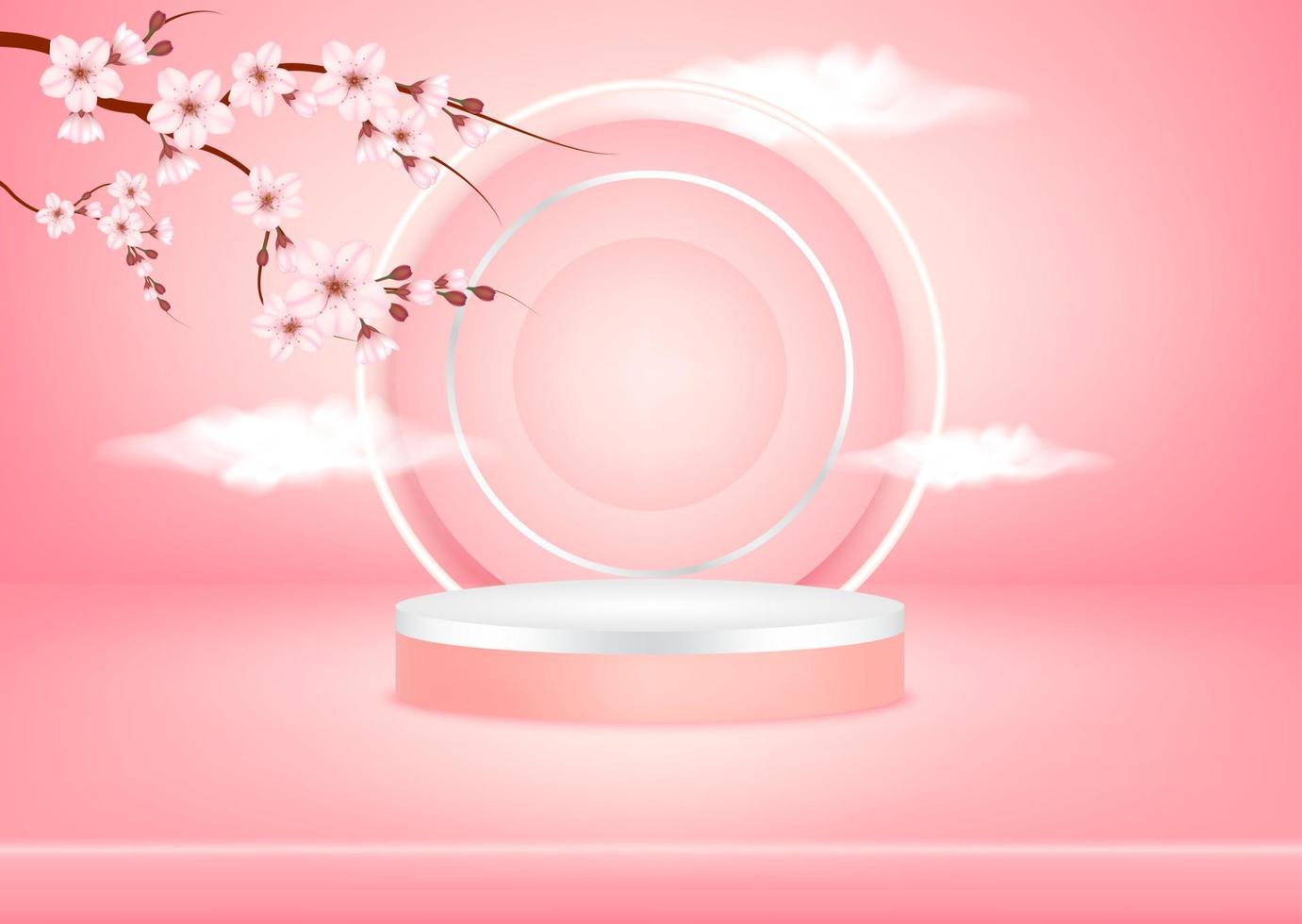 cena de pódio de fundo de estúdio rosa abstrato com plataforma geométrica de folha, espelho refletindo as nuvens do céu e sakura para produto cosmético. ilustração em vetor 3D. conceito de estilo minimalista de arte.