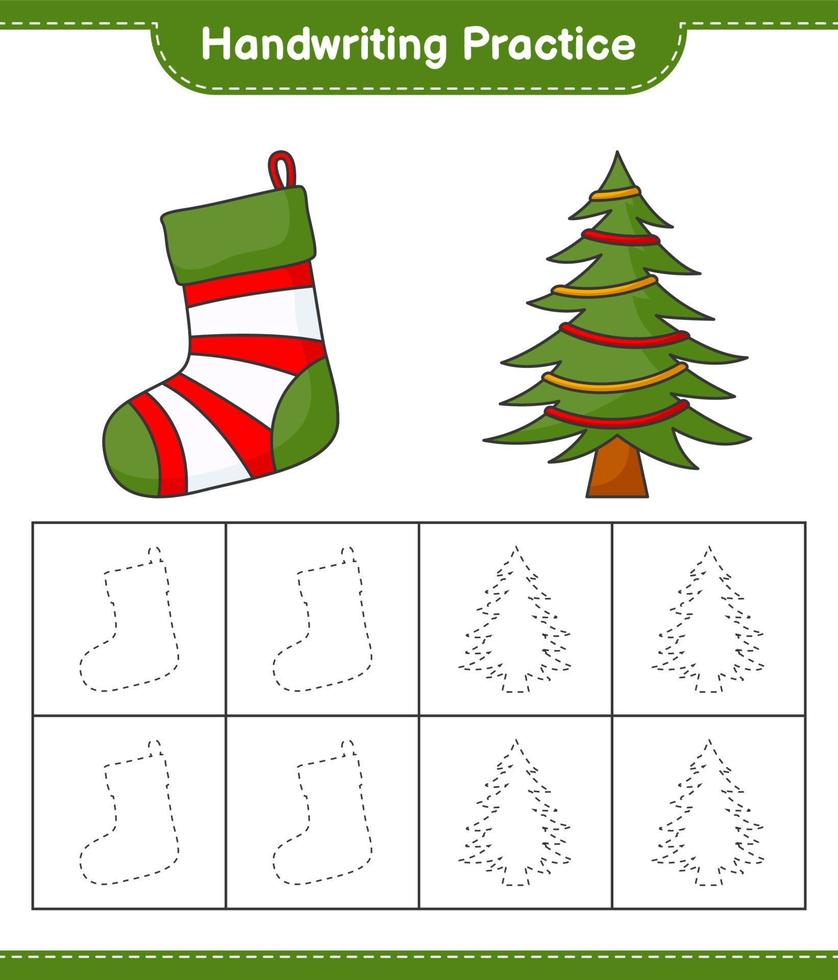 prática de caligrafia. traçando linhas de meia de natal e árvore de natal. jogo educativo para crianças, planilha para impressão, ilustração vetorial vetor