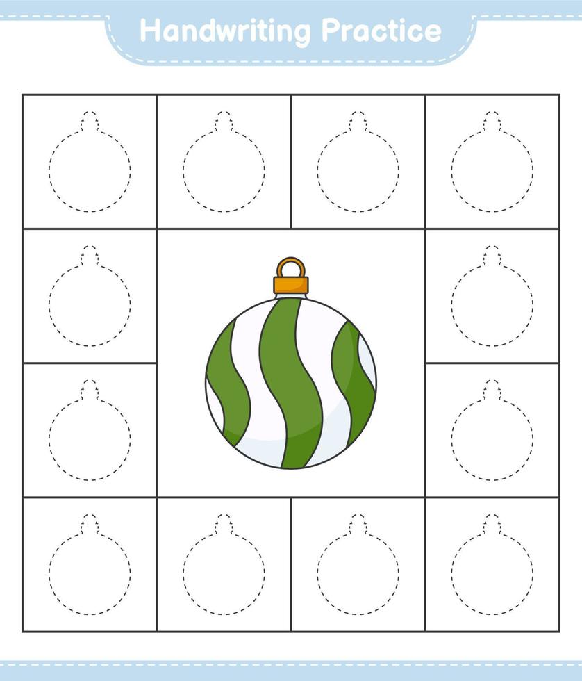 prática de caligrafia. traçando linhas de bola de natal. jogo educativo para crianças, planilha para impressão, ilustração vetorial vetor