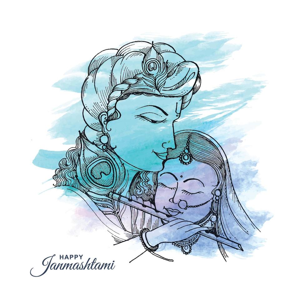 mão desenhar esboço senhor krishna em fundo de cartão festival janmashtami feliz vetor