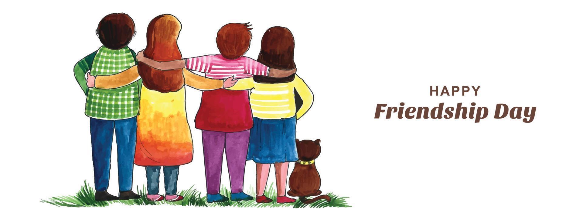 feliz dia da amizade cartão com fundo de banner de quatro amigos de criança vetor